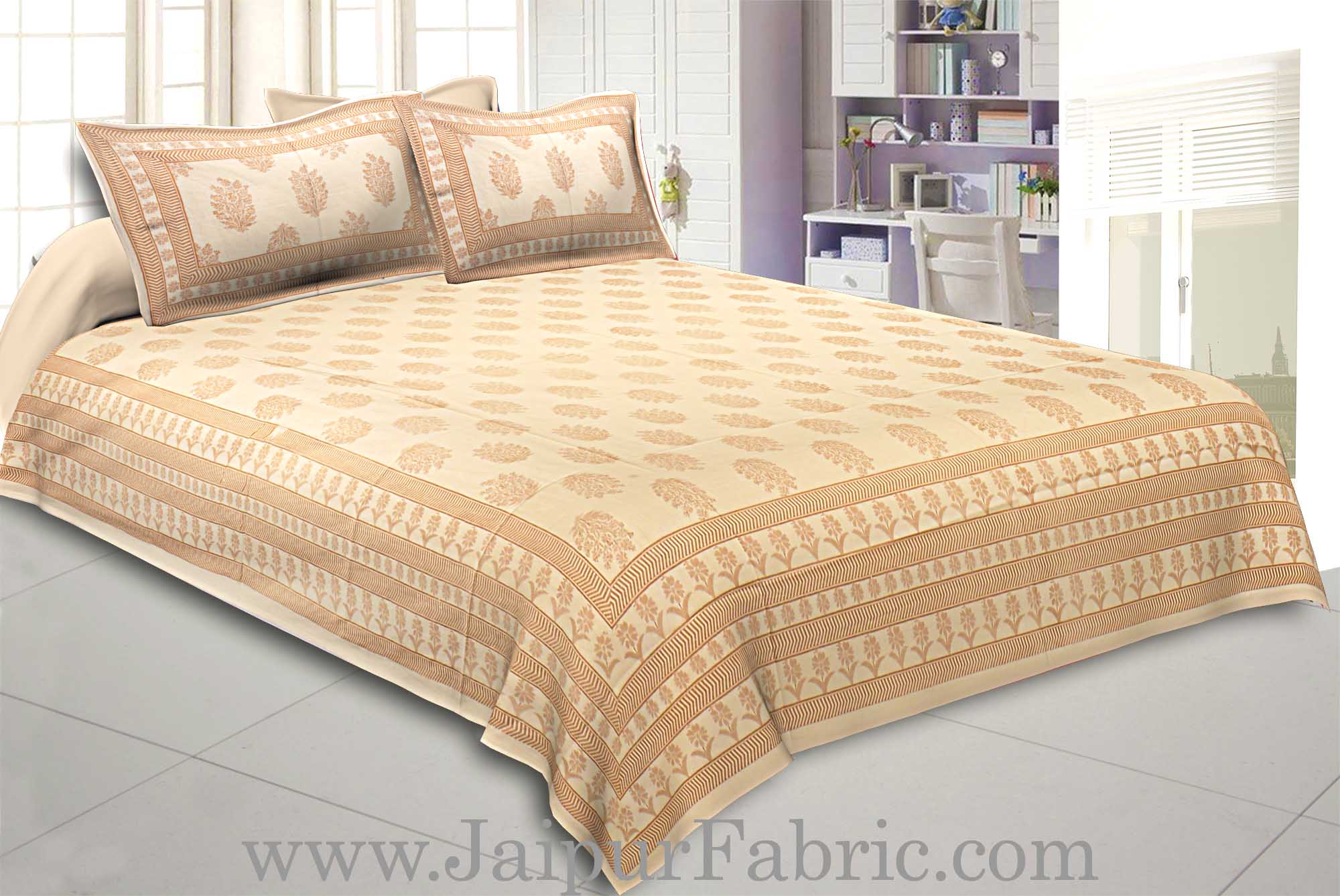 Double Bedsheet Elegant Brown Golden Flowery Print