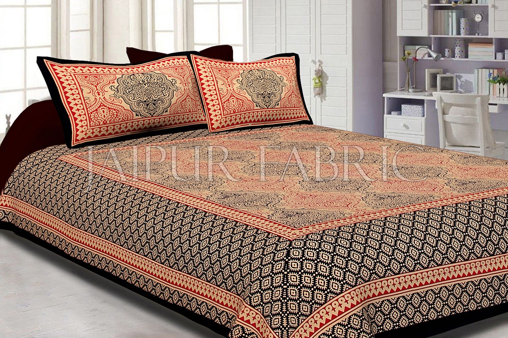 Black Border With Rangoli Pattern Cotton Double Bed Sheet