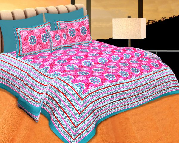 Sea Green Border Pink Base Floral Print Cotton Double Bedsheet