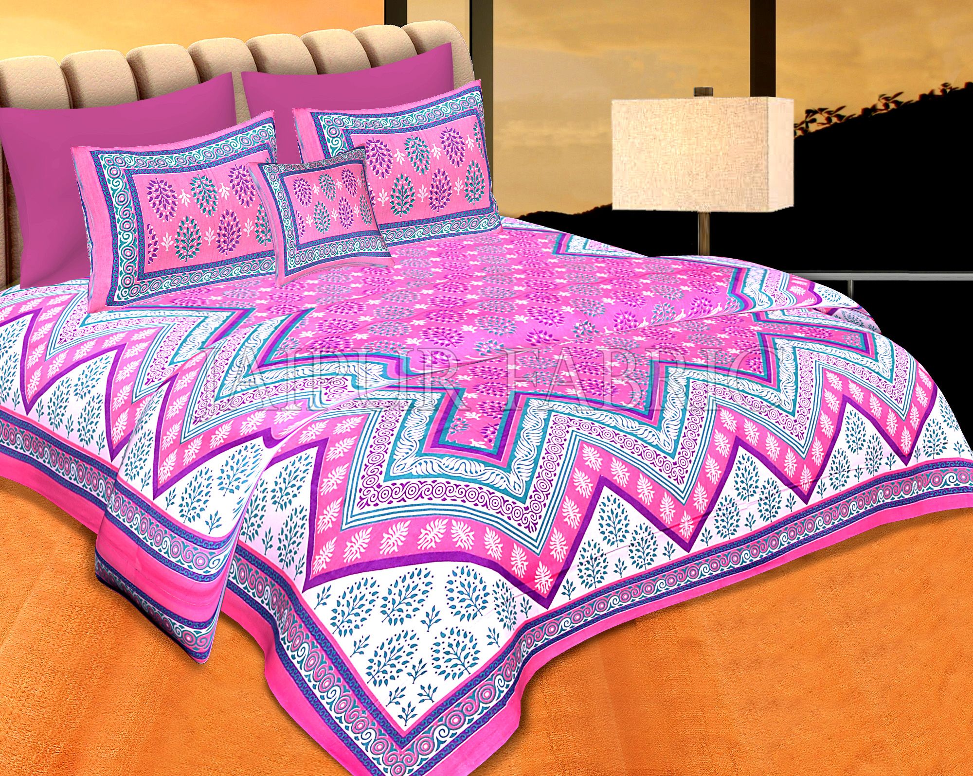 Pink Border Pink  Base Zigzag Pattern Cotton Double Bedsheet