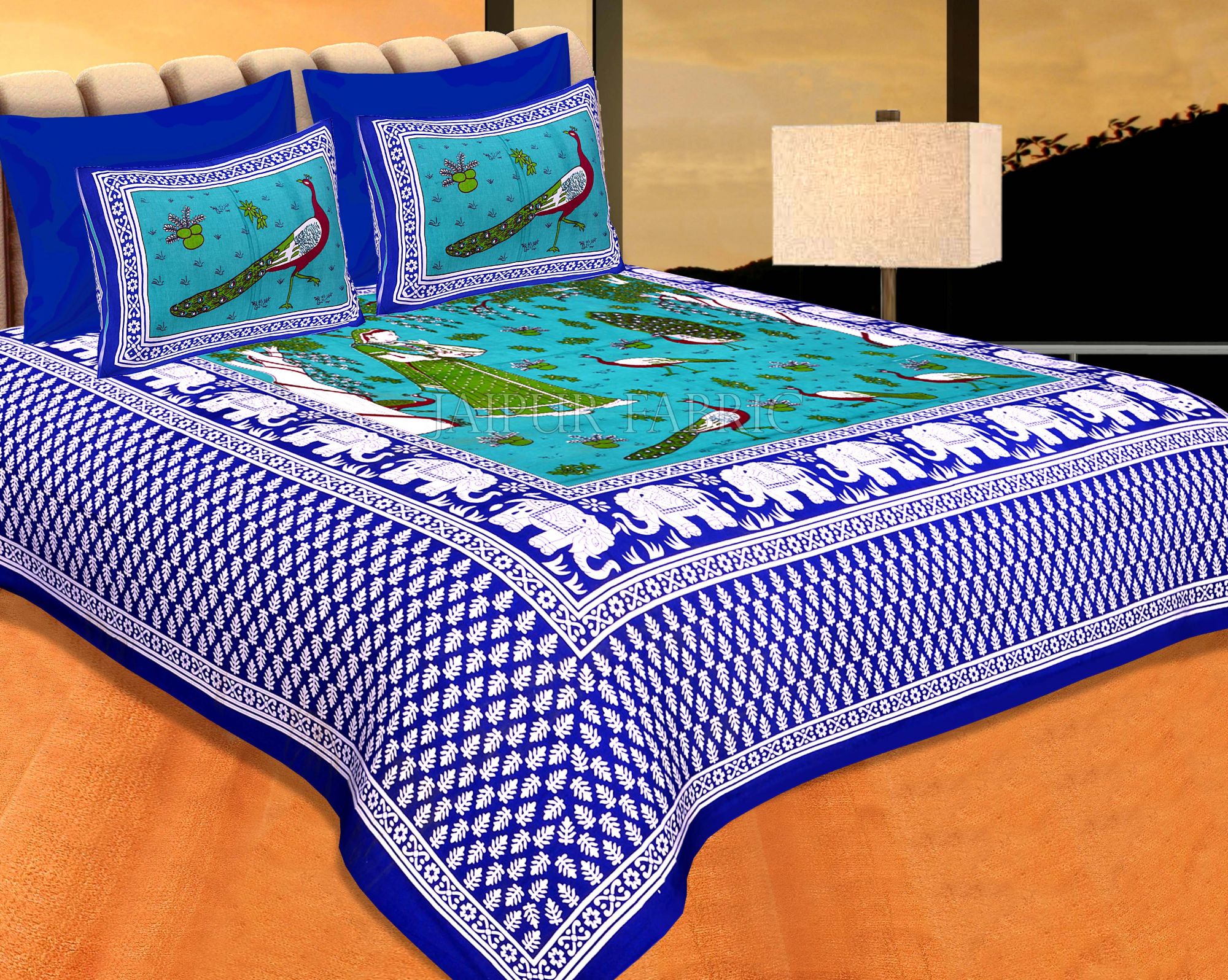 Neavy Blue Border Green Base Meera With Peacocks Cotton Double Bedsheet