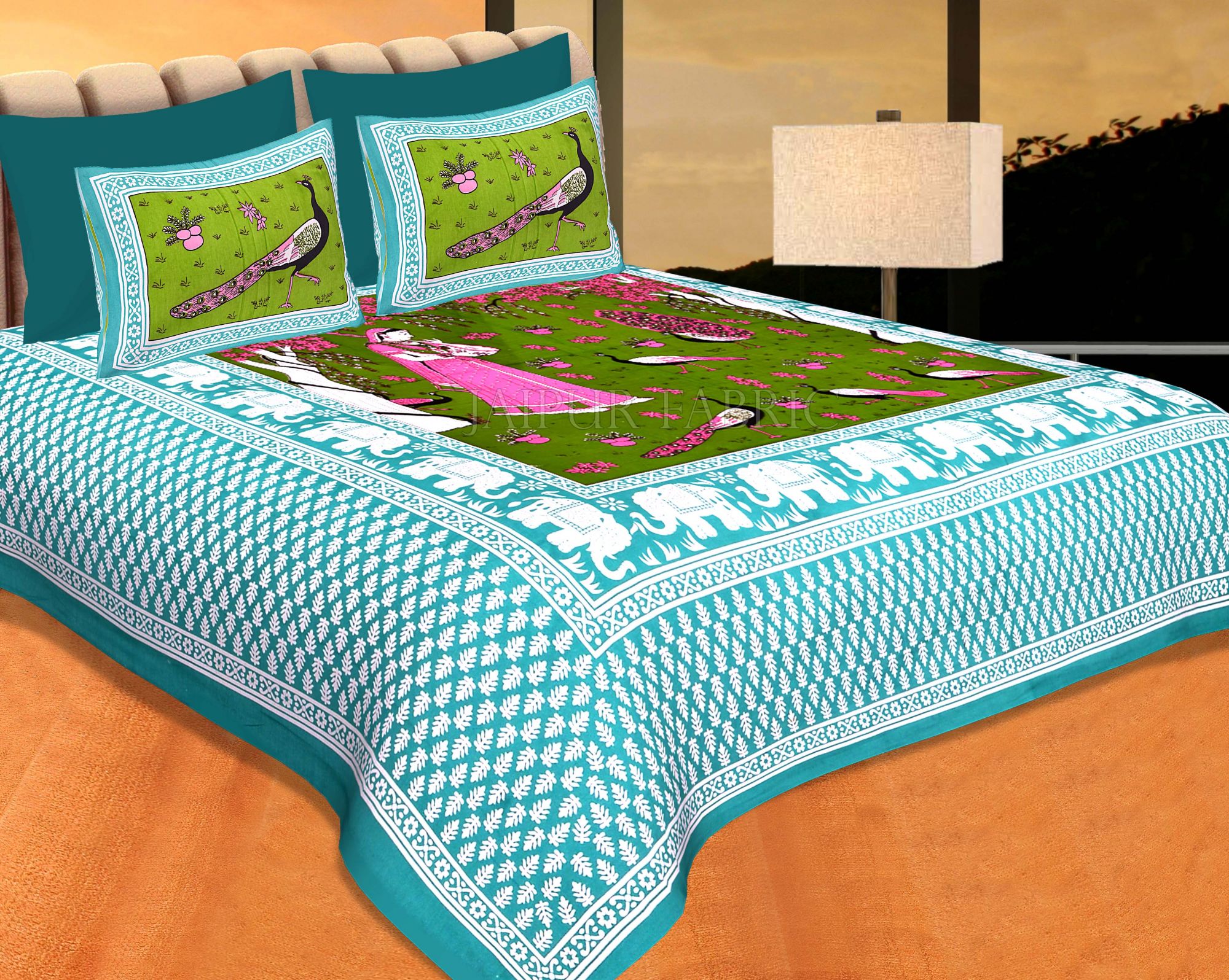 Green Border Dark Green Base Meera With Peacocks Cotton Double Bedsheet