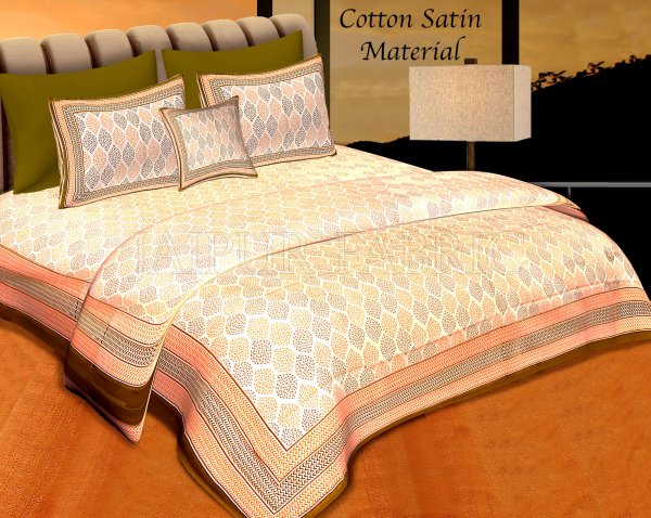 Green Border Cream Base Leaf Pigment Cotton Satin Hand Block Double Bedsheet