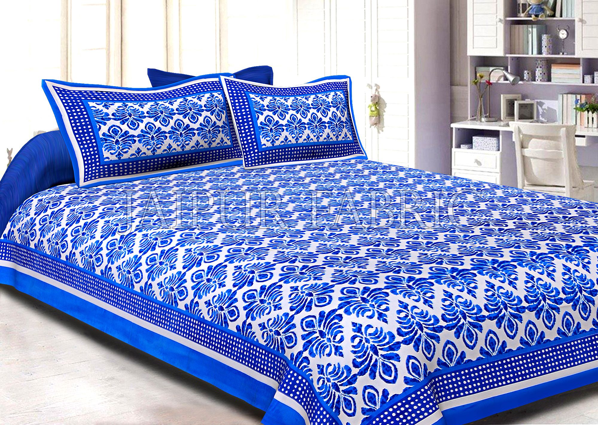 Blue Border Polka Frame Whit Base Blue Flower Print Super Fine Poplin Cotton Double Bedsheet With Two Pillow