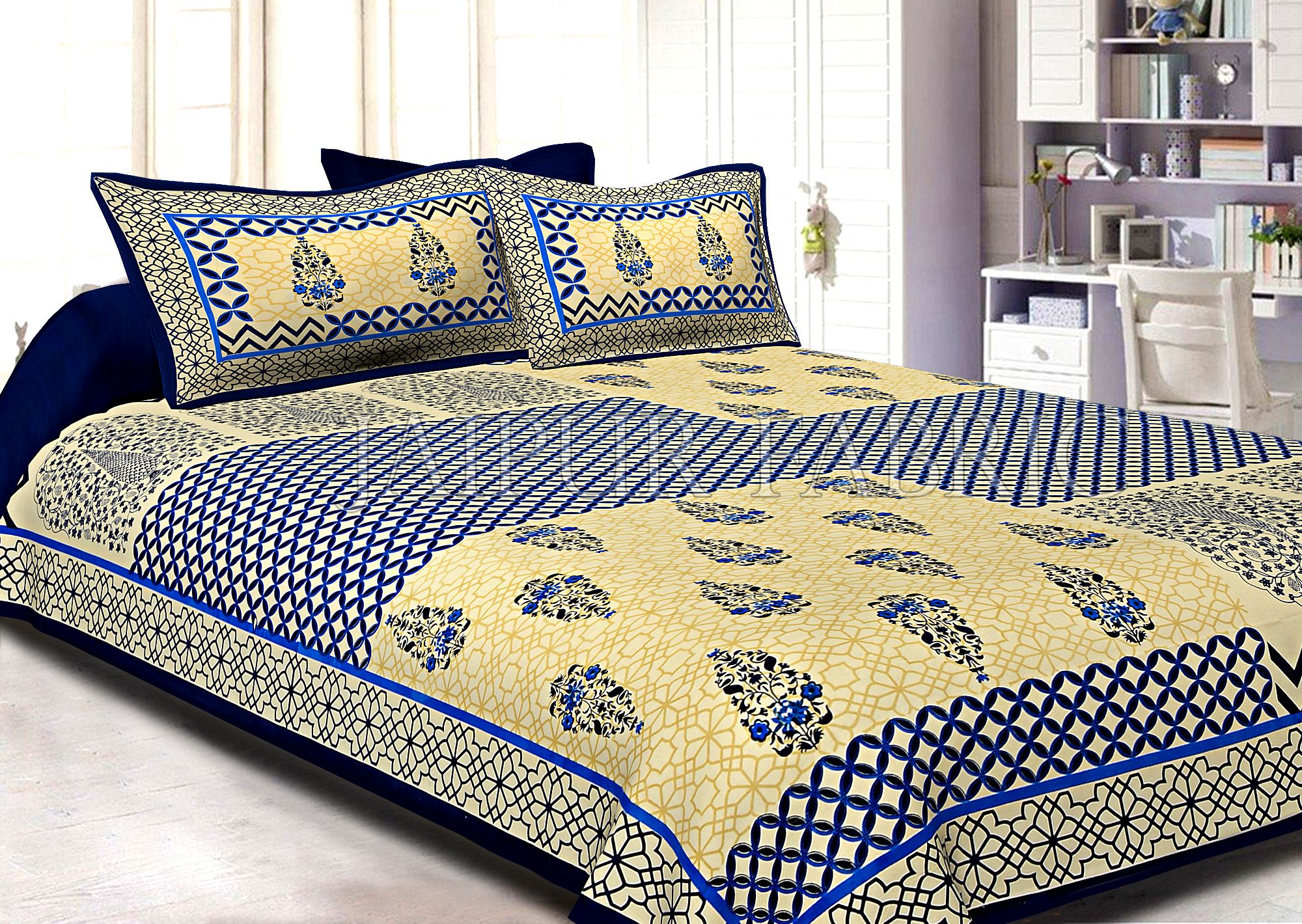 Navy Blue creame Base With Rangoli And Gamala Printin Designer Pattern Fine Cotton Poplin Double Bedsheet With Two Pillow