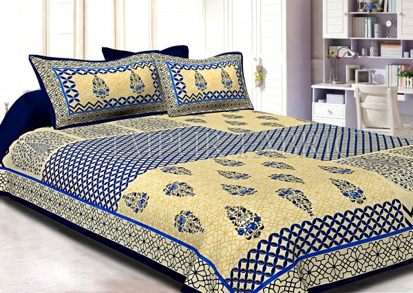 Navy Blue creame Base With Rangoli And Gamala Printin Designer Pattern Fine Cotton Poplin Double Bedsheet With Two Pillow