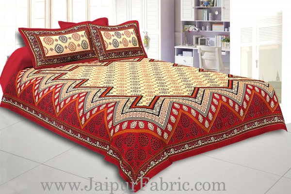 Maroon Border Cream Base In Zig Zag Pattern  Bagru Print Cotton Double Bedsheet