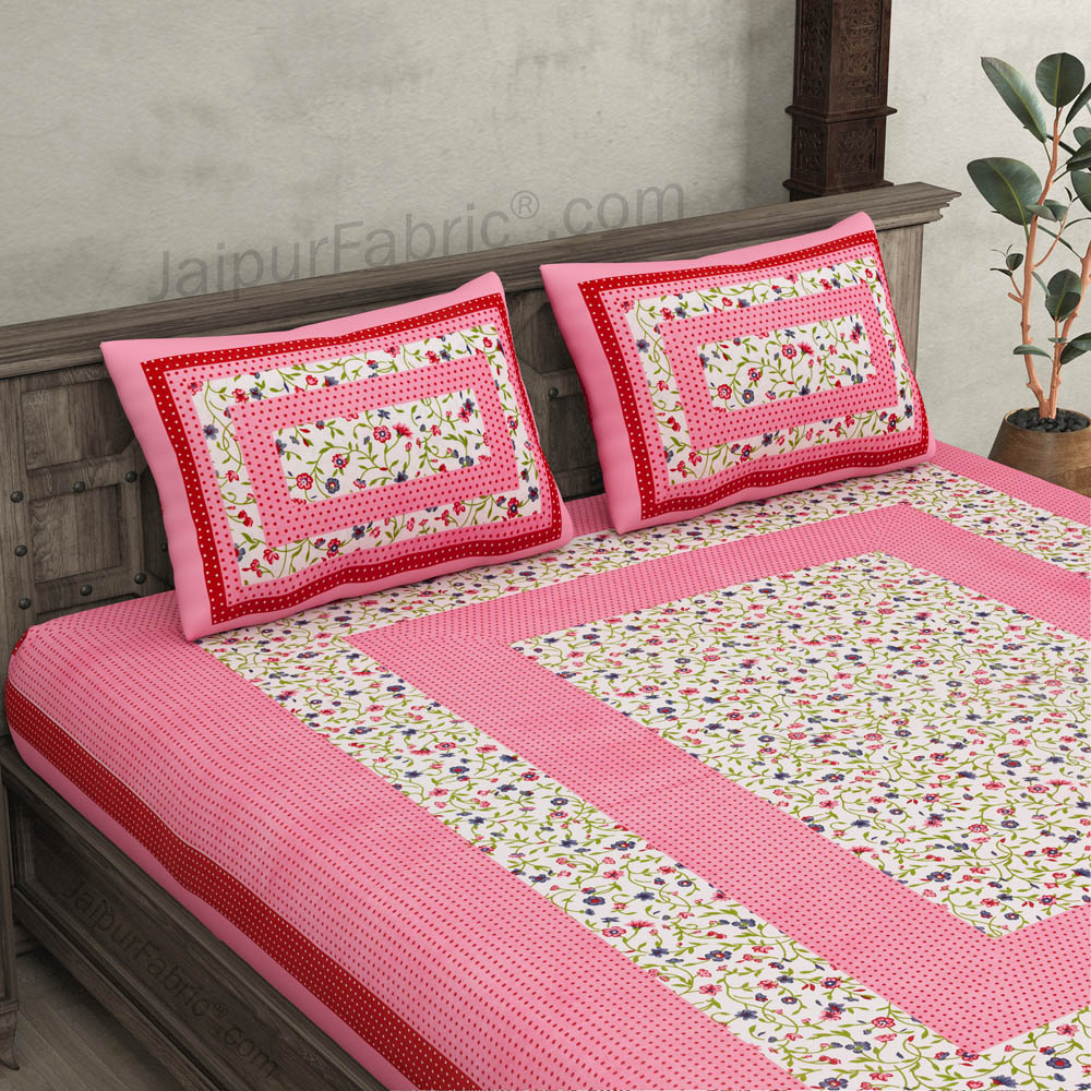 Floral Double Bedsheet Pink Color Dotted Border with 2 Pillow Covers