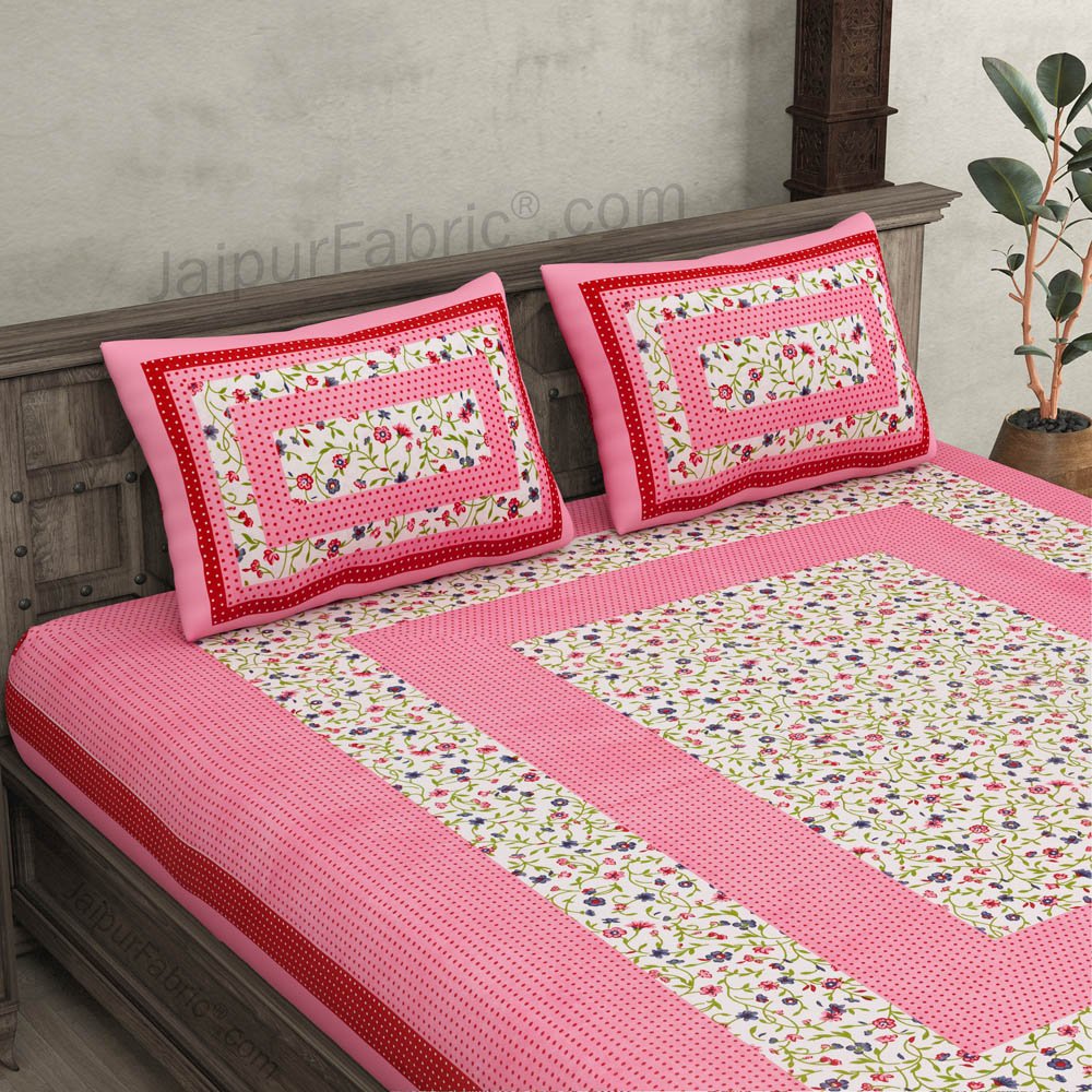 Floral Double Bedsheet Pink Color Dotted Border with 2 Pillow Covers