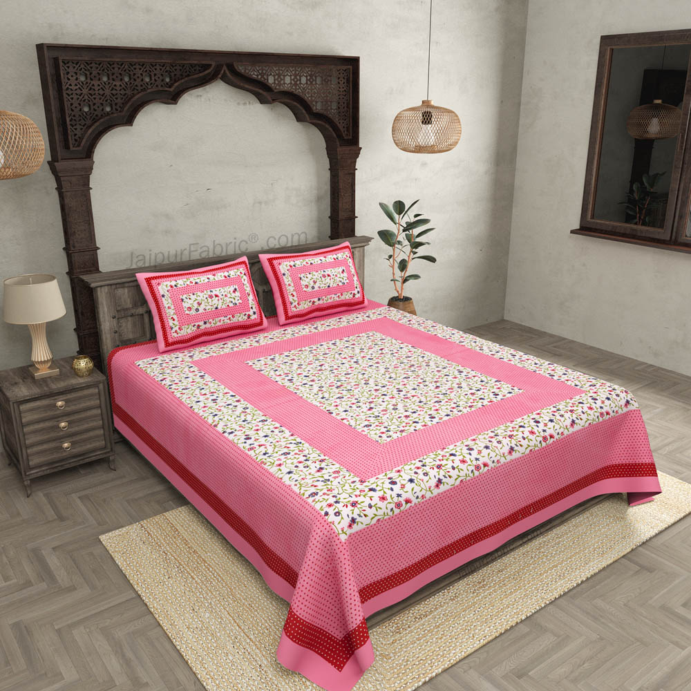 Floral Double Bedsheet Pink Color Dotted Border with 2 Pillow Covers