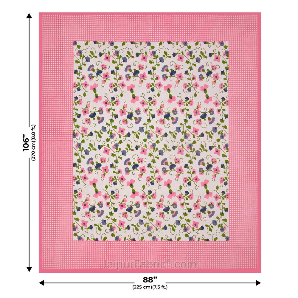 Floral Double Bedsheet Pink Color Checkred Border With 2 Pillow Covers