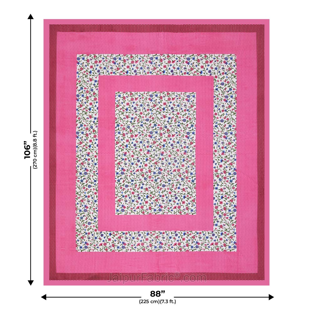 Floral Double Bedsheet Pink Color Dotted Border with 2 Pillow Covers