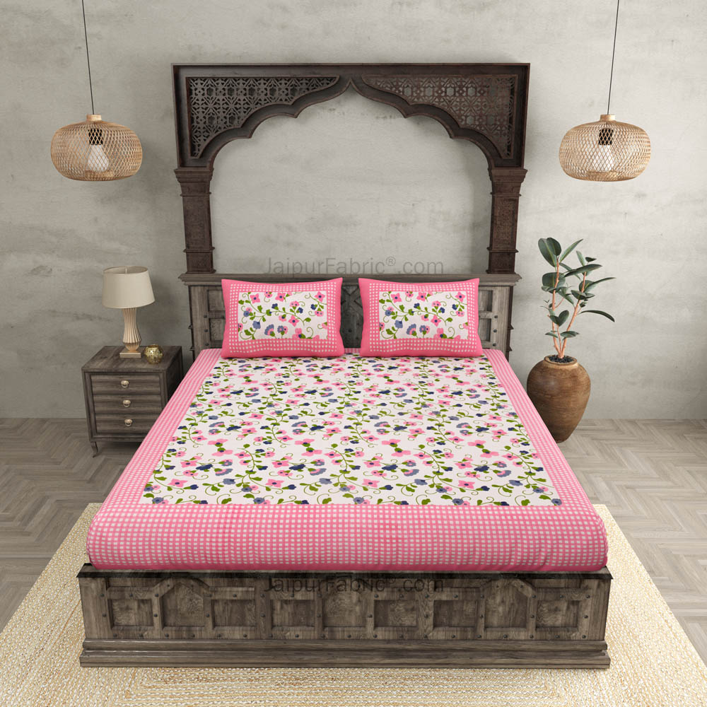 Floral Double Bedsheet Pink Color Checkred Border With 2 Pillow Covers