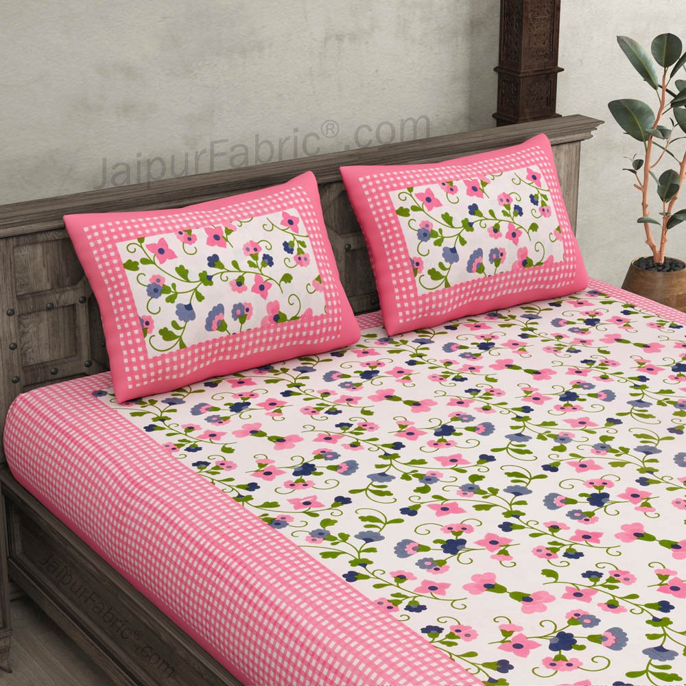 Floral Double Bedsheet Pink Color Checkred Border With 2 Pillow Covers