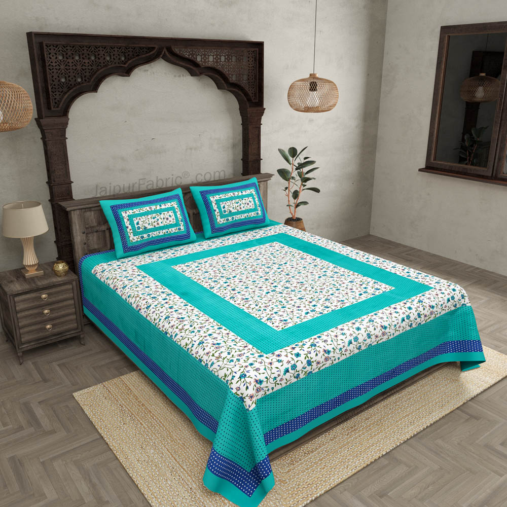 Floral Double Bedsheet Blue Color Checkred Border With 2 Pillow Covers