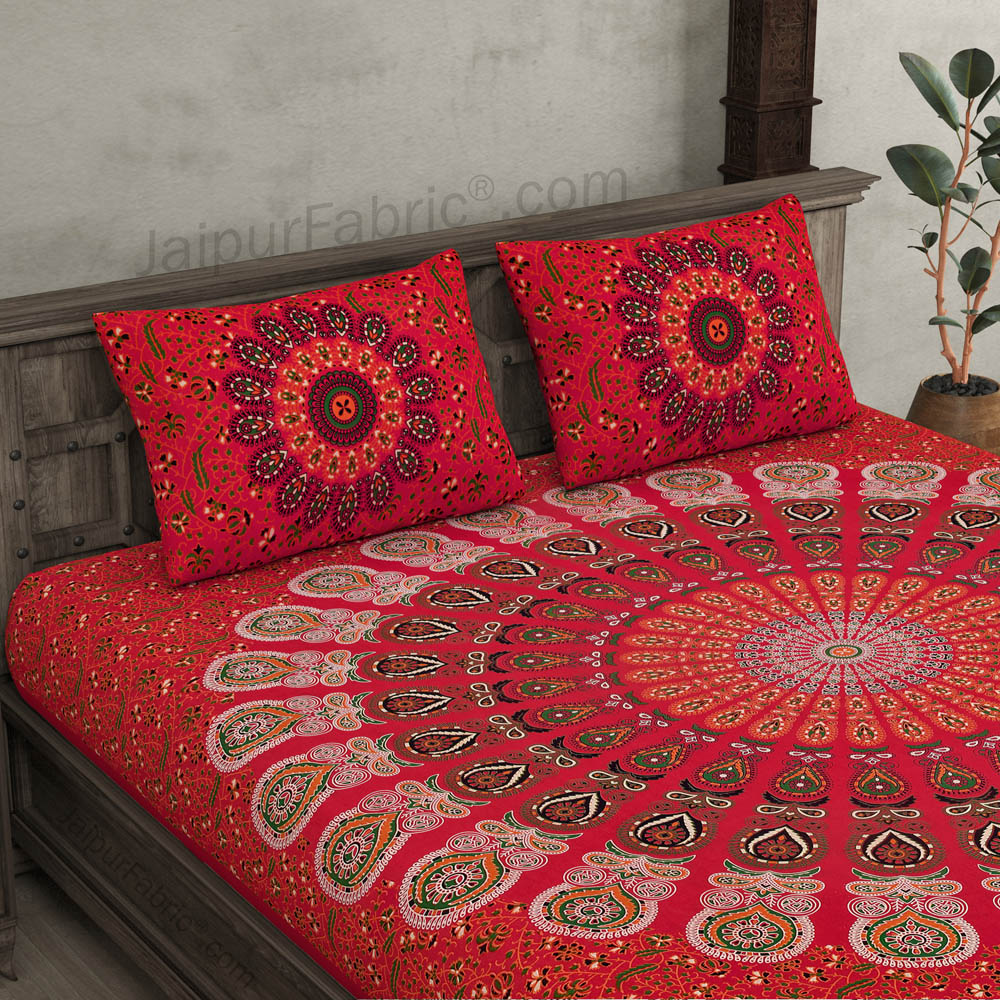 Red Mandala Double Bedsheet Tapestry with 2 Pillow Covers