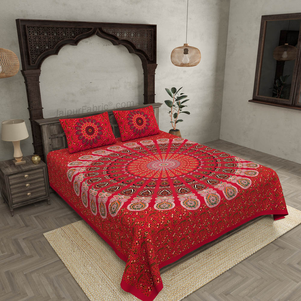 Red Mandala Double Bedsheet Tapestry with 2 Pillow Covers