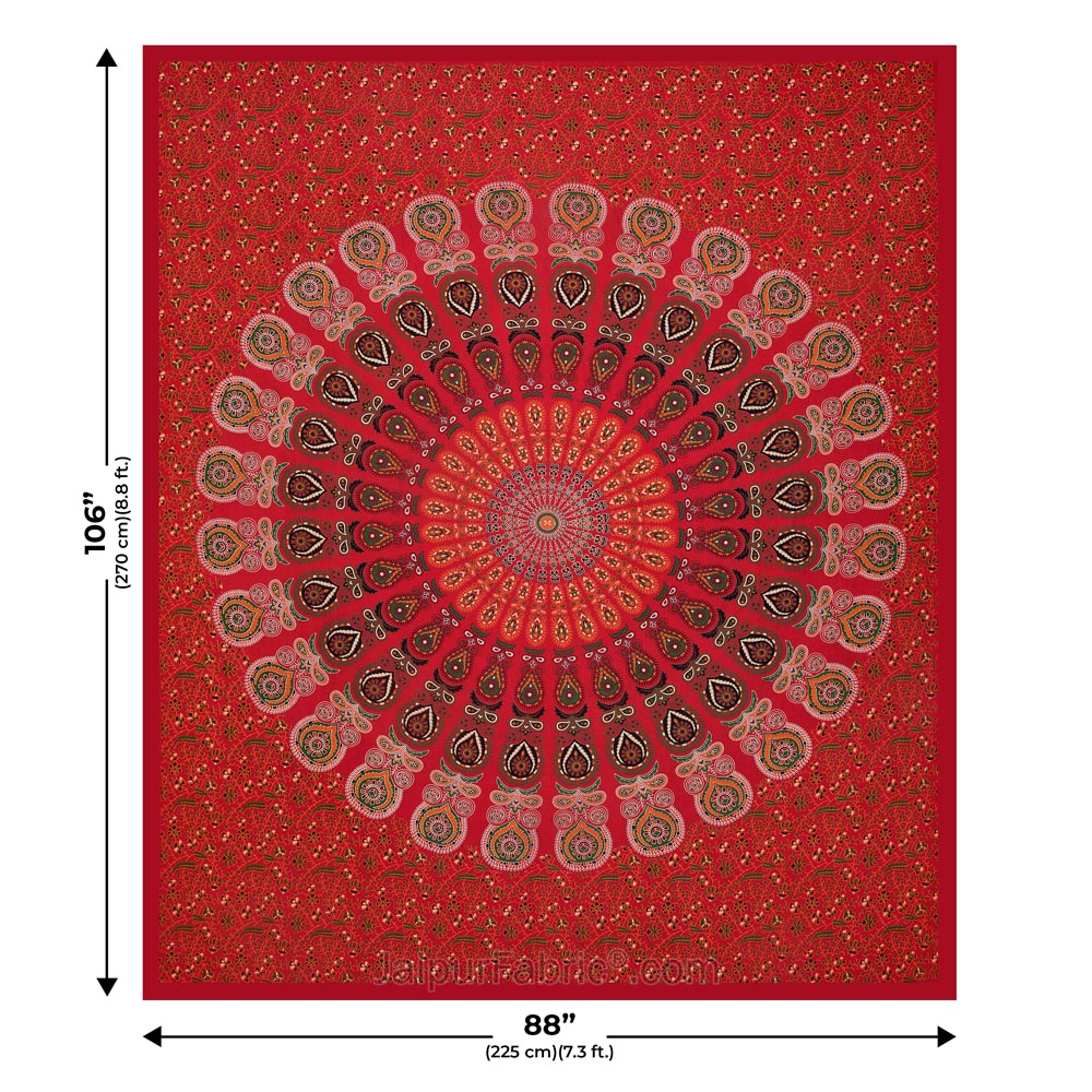 Red Mandala Double Bedsheet Tapestry with 2 Pillow Covers