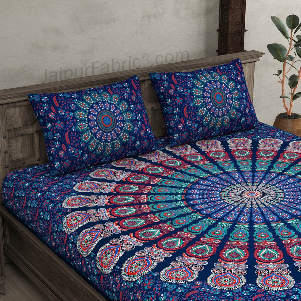 Blue Mandala Double Bedsheet Tapestry with 2 Pillow Covers