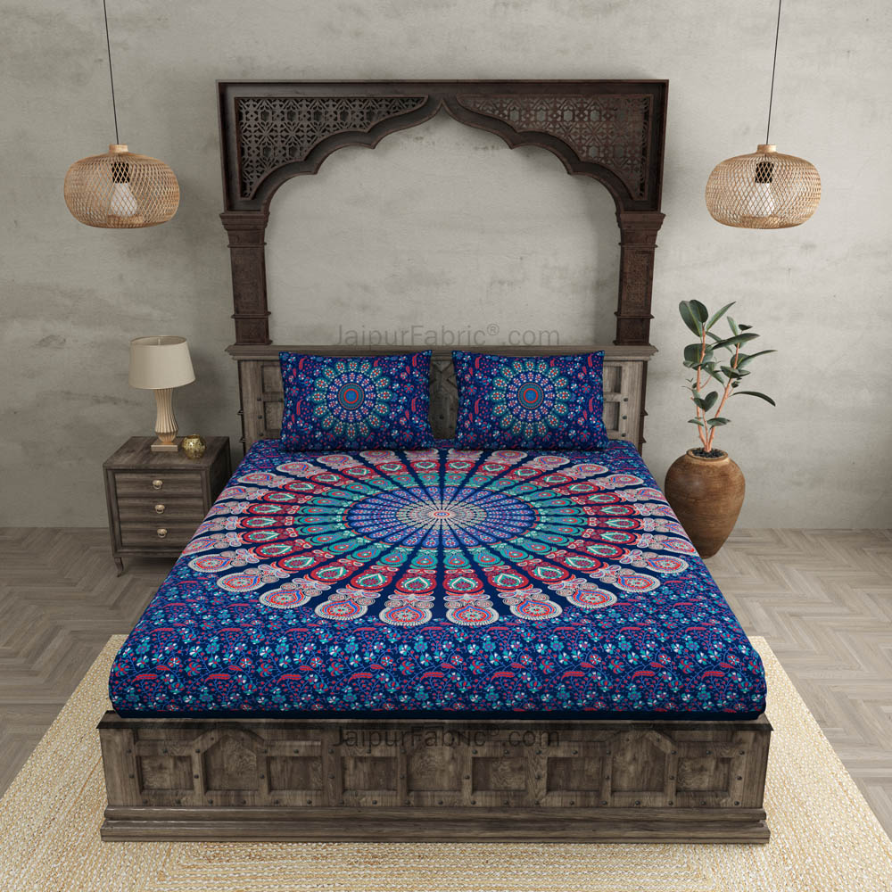 Blue Mandala Double Bedsheet Tapestry with 2 Pillow Covers