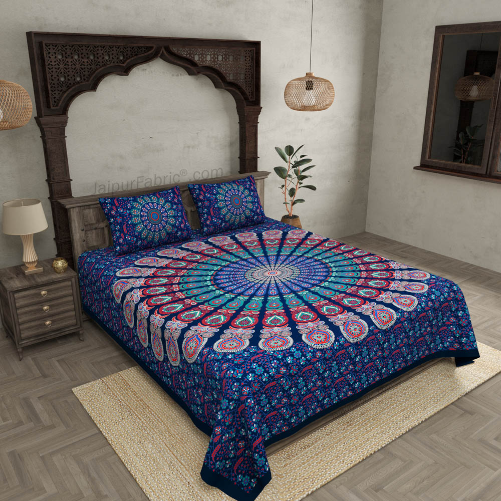 Blue Mandala Double Bedsheet Tapestry with 2 Pillow Covers