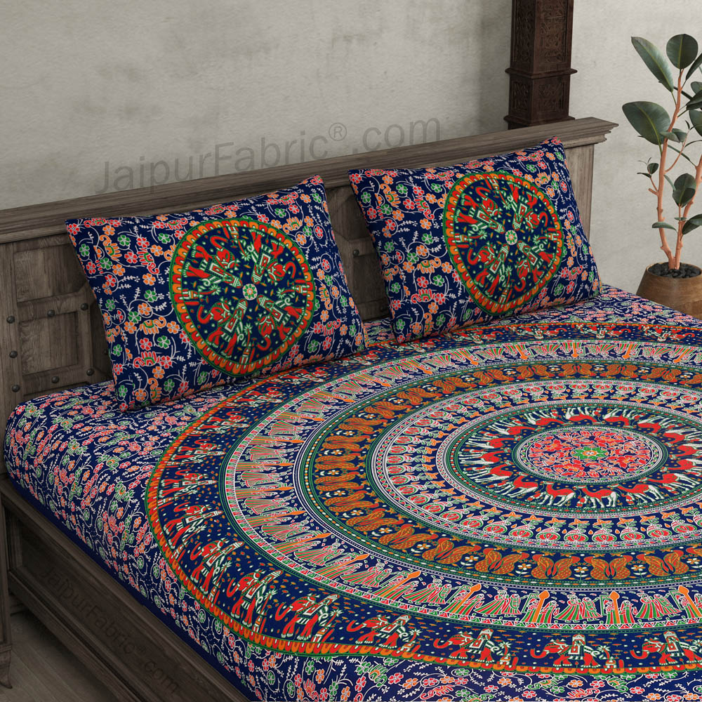 Navy Blue Mandala Bedsheet Tapestry Floral Print With 2 Pillow Covers