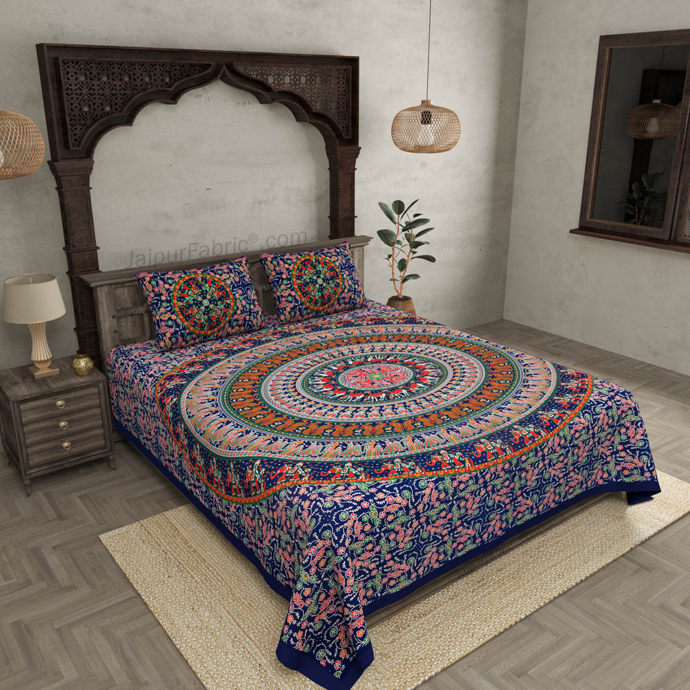 Navy Blue Mandala Bedsheet Tapestry Floral Print With 2 Pillow Covers