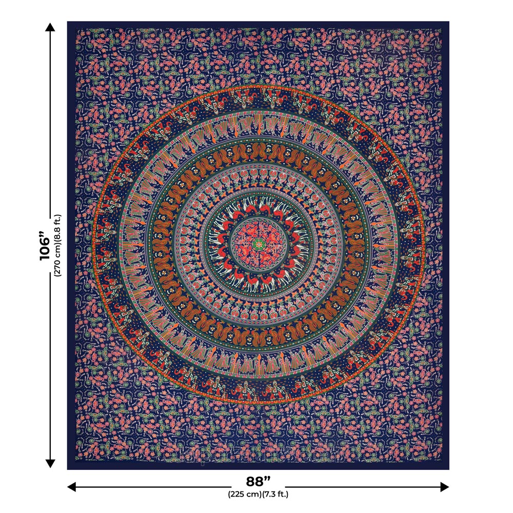 Navy Blue Mandala Bedsheet Tapestry Floral Print With 2 Pillow Covers