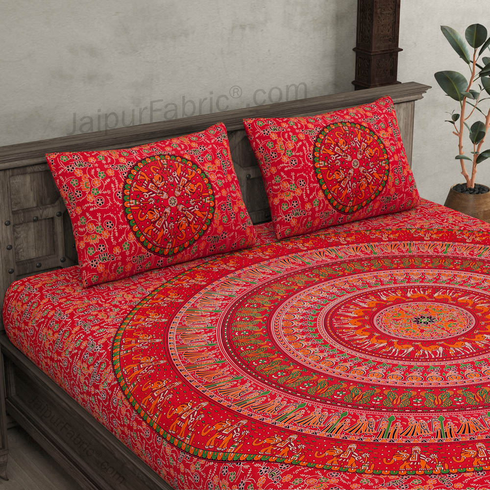 Ruby Red Mandala Bedsheet Tapestry Floral Print With 2 Pillow Covers