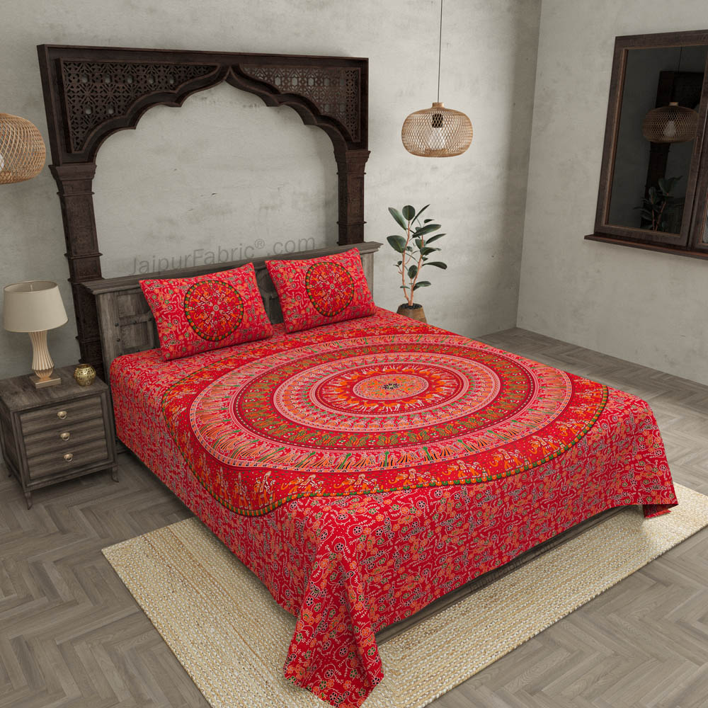 Ruby Red Mandala Bedsheet Tapestry Floral Print With 2 Pillow Covers