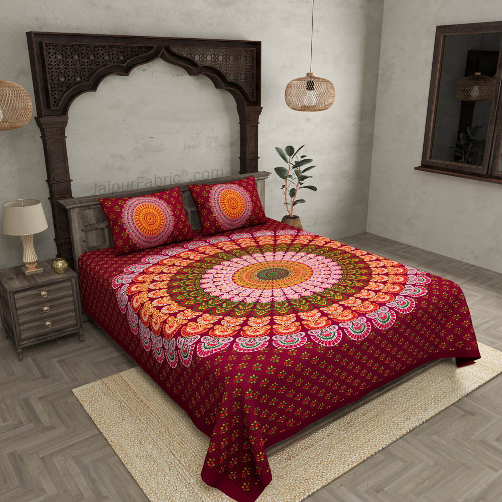 Crimson Red Mandala Bedsheet Tapestry Floral Print With 2 Pillow Covers