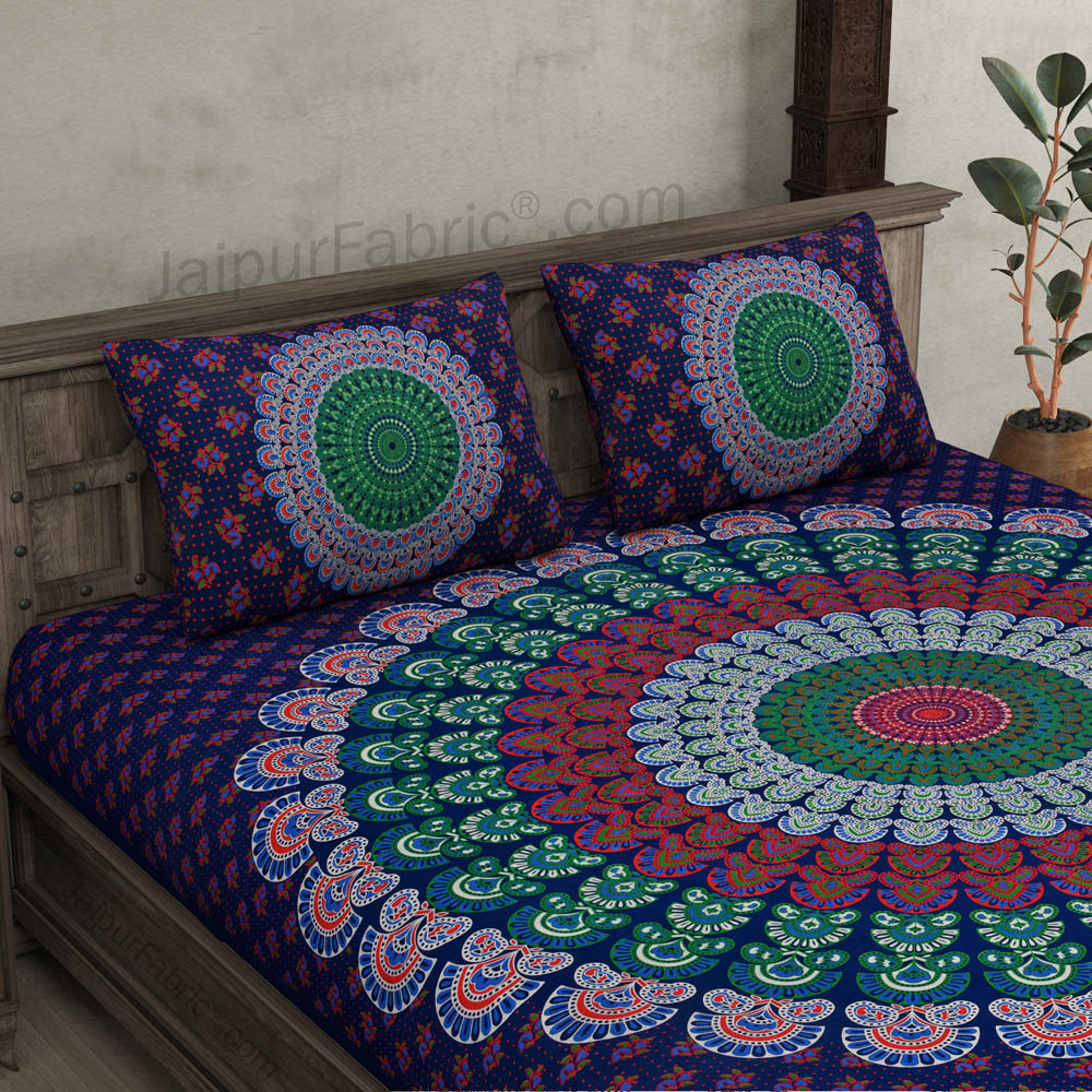 Indigo Blue Mandala Bedsheet Tapestry Floral Print With 2 Pillow Covers