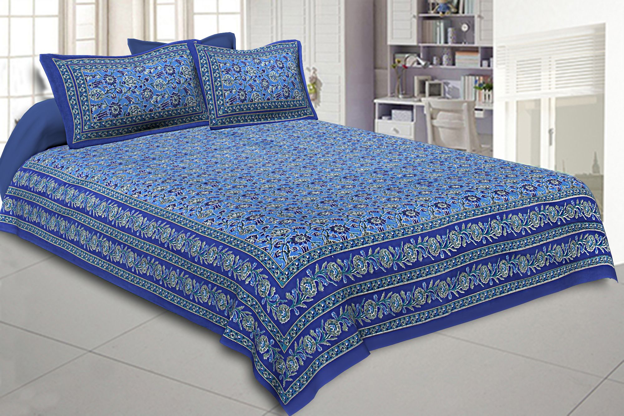 Double Bedsheet Azure Blue Floral Bud Jaal Print With 2 Pillow Covers