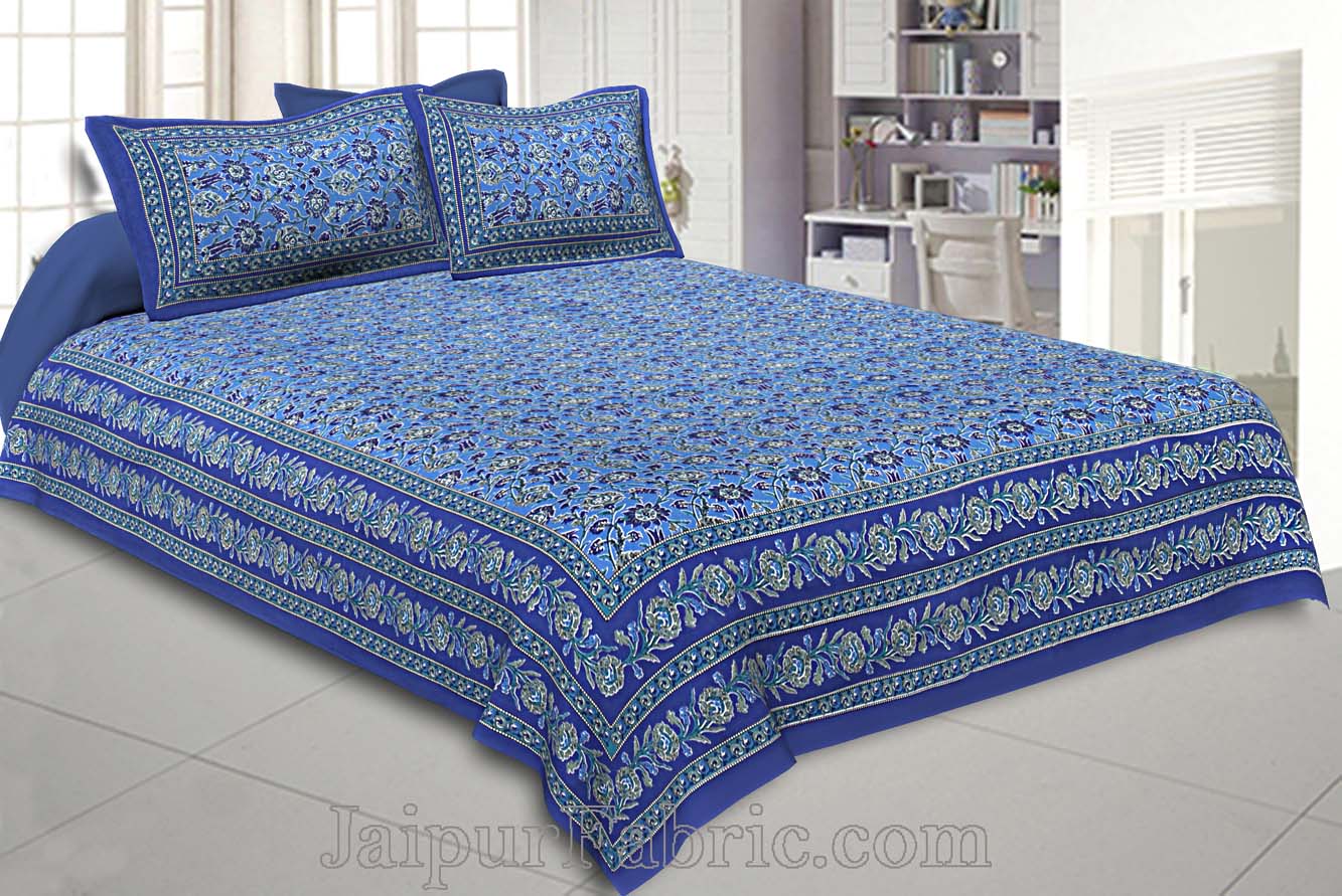 Double Bedsheet Azure Blue Floral Bud Jaal Print With 2 Pillow Covers