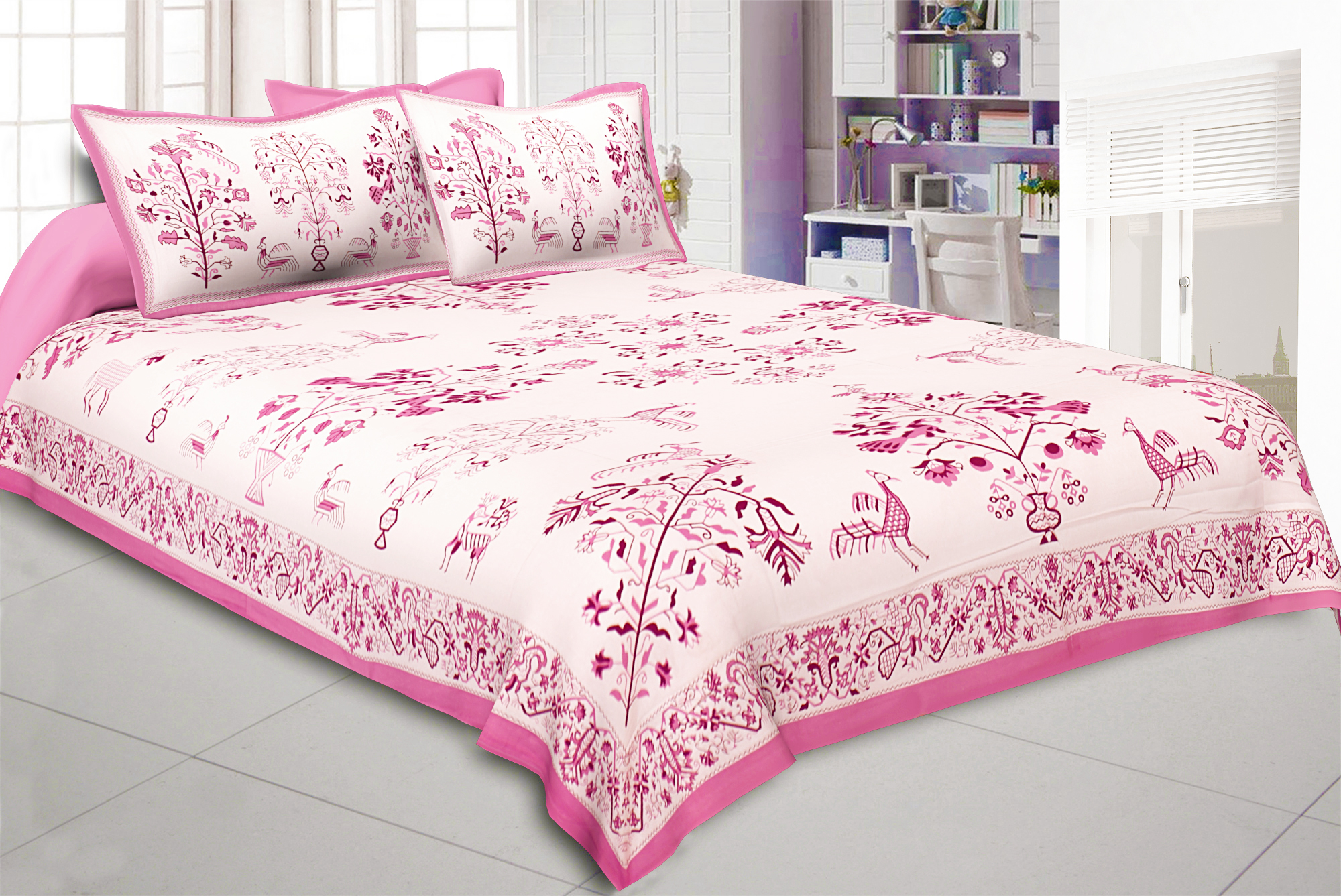 Peach Drawing Double Bedsheet