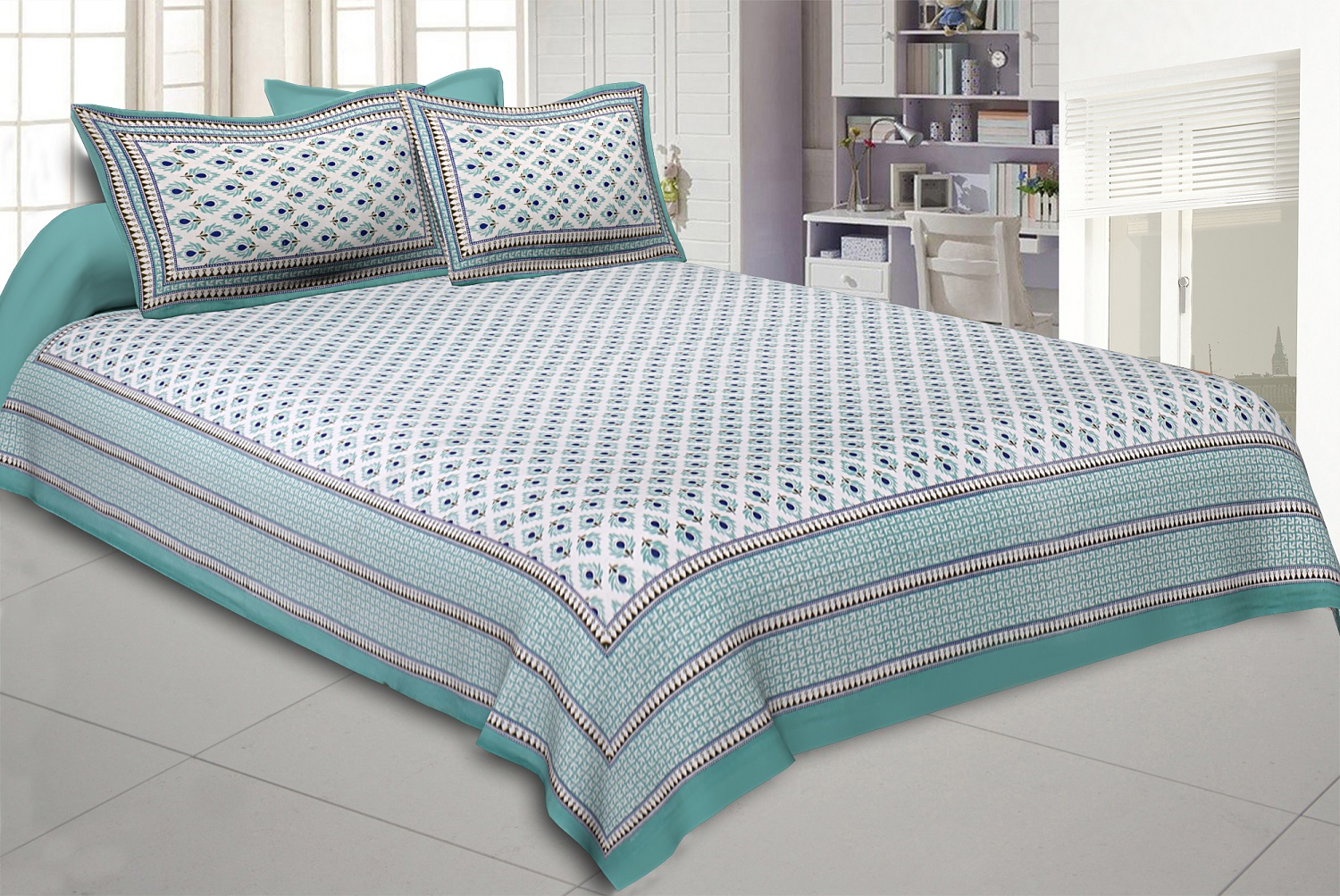 Aqua Green Feathers Double Bedsheet