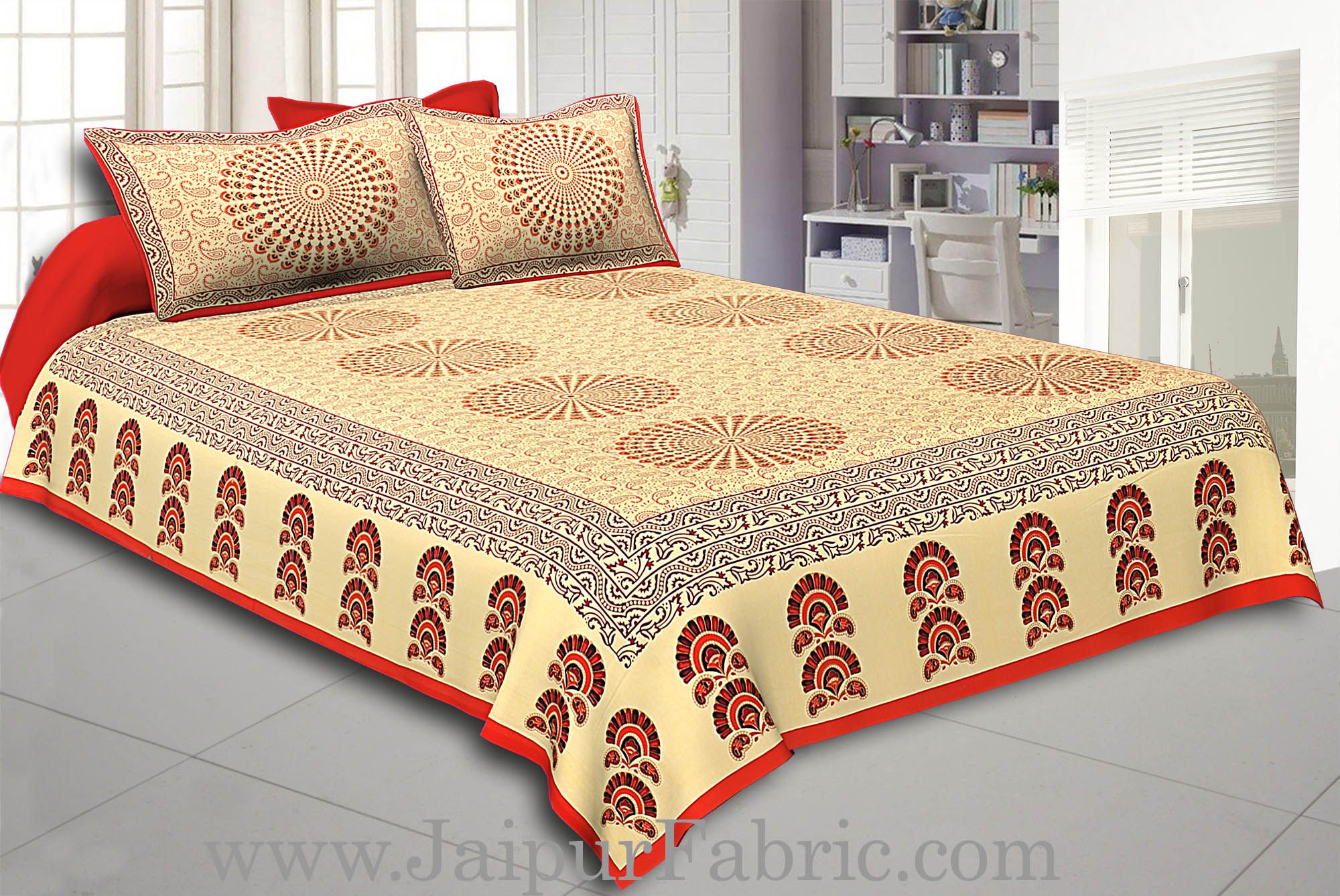 Orange Border Cream Base Rangoli Pattern With Golden Print Super Fine Cotton Double Bed Sheet