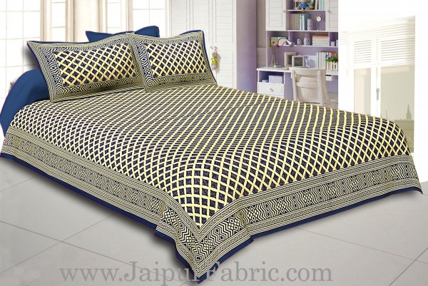 Blue Border Cream Base  Ratro Patternt With Golden Print Super Fine Cotton Doubelbed Sheet