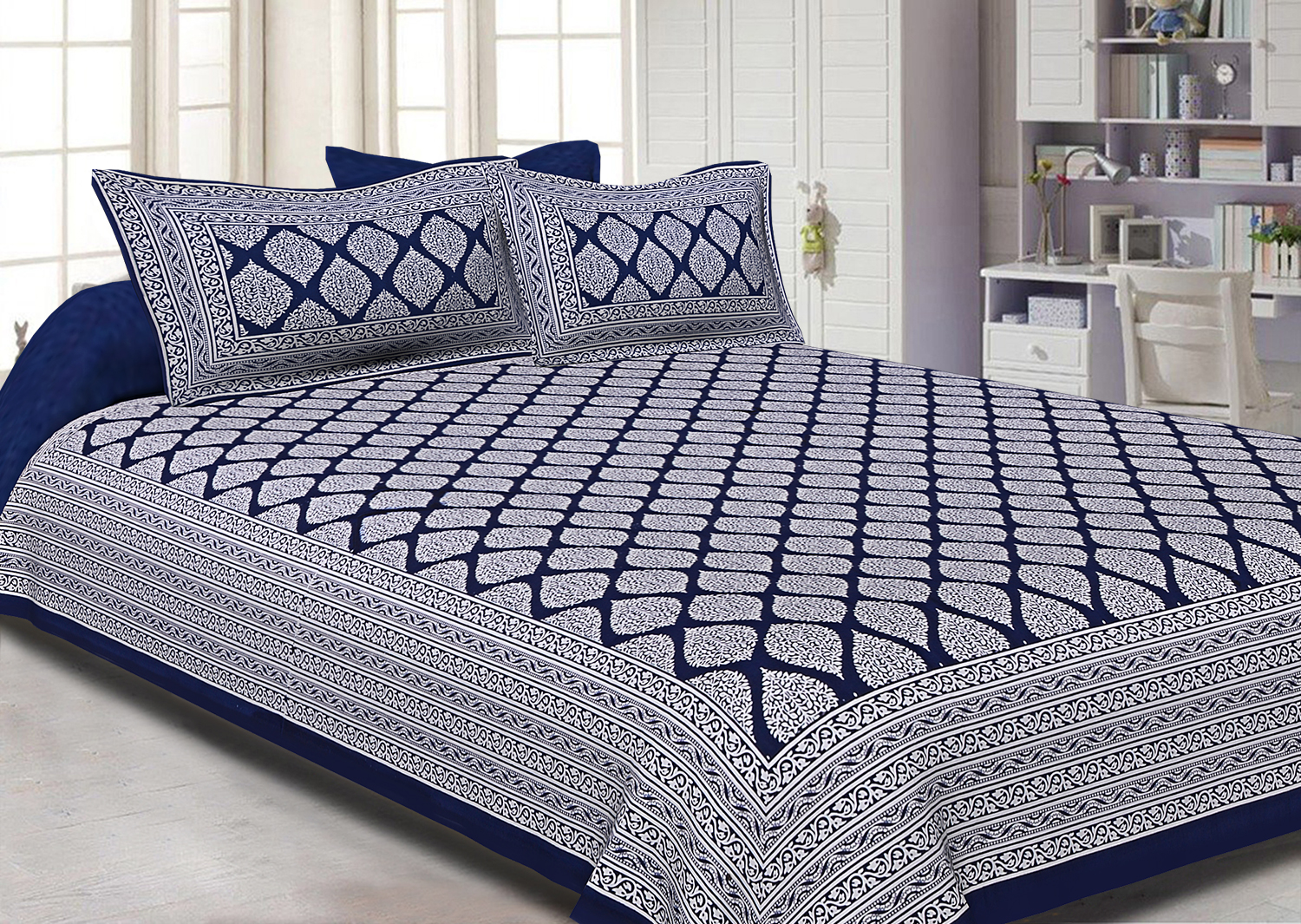 Navy Blue Border White  Base Lahariya Print Super Fine Cotton Double Bedsheet