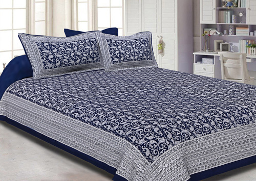 Navy Blue Border Base Karry Design Super Fine Cotton Double Bedsheet