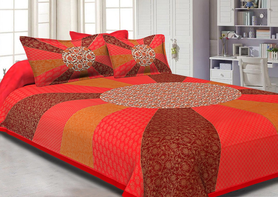 Radish Orange Border Cream Circle Flower And chakri Pattern With Golden Print Super Fine  Cotton Double Bedsheet