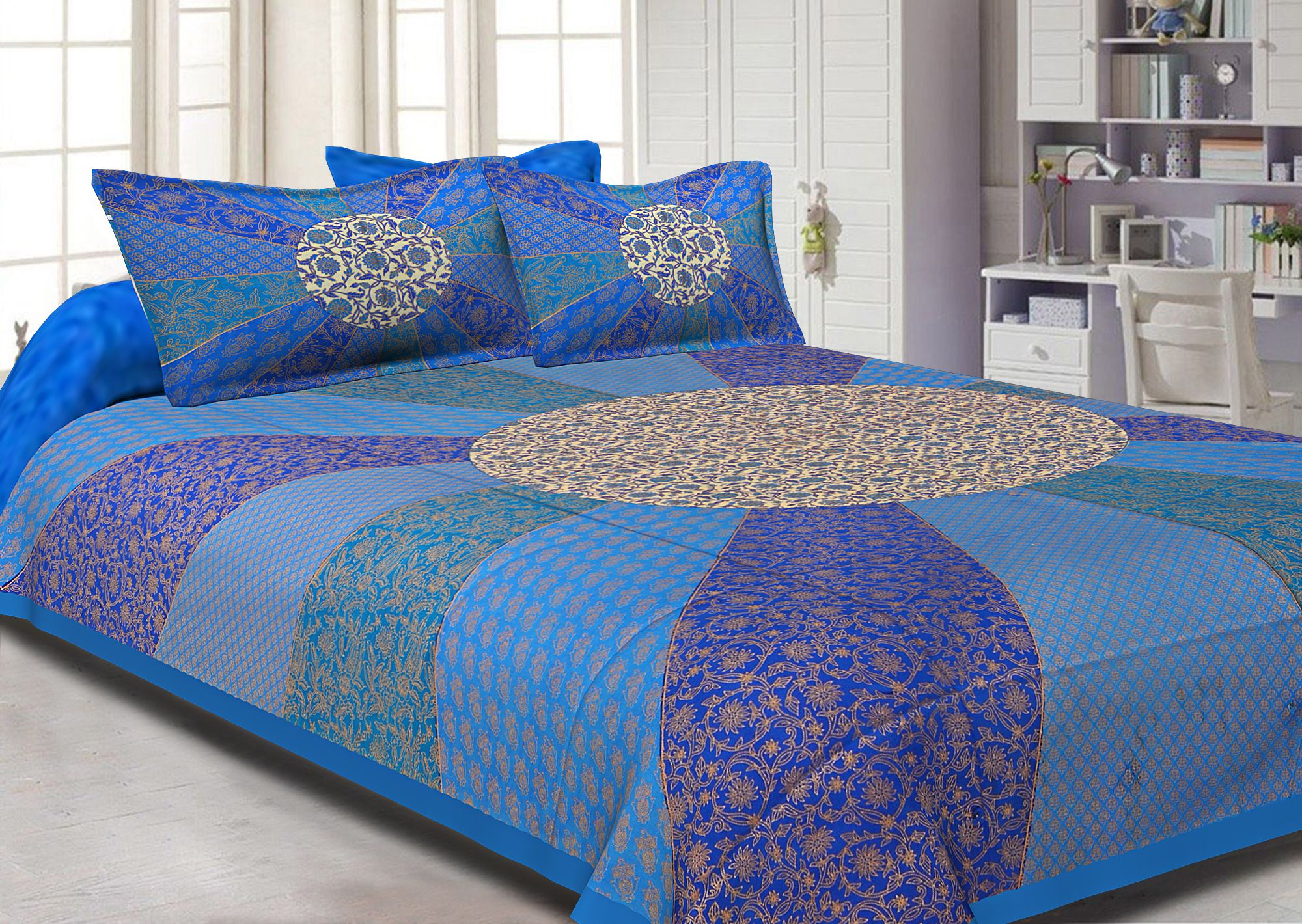 Firozi Border Cream Circle Flower And chakri Pattern With Golden Print Super Fine Cotton Double Bedsheet