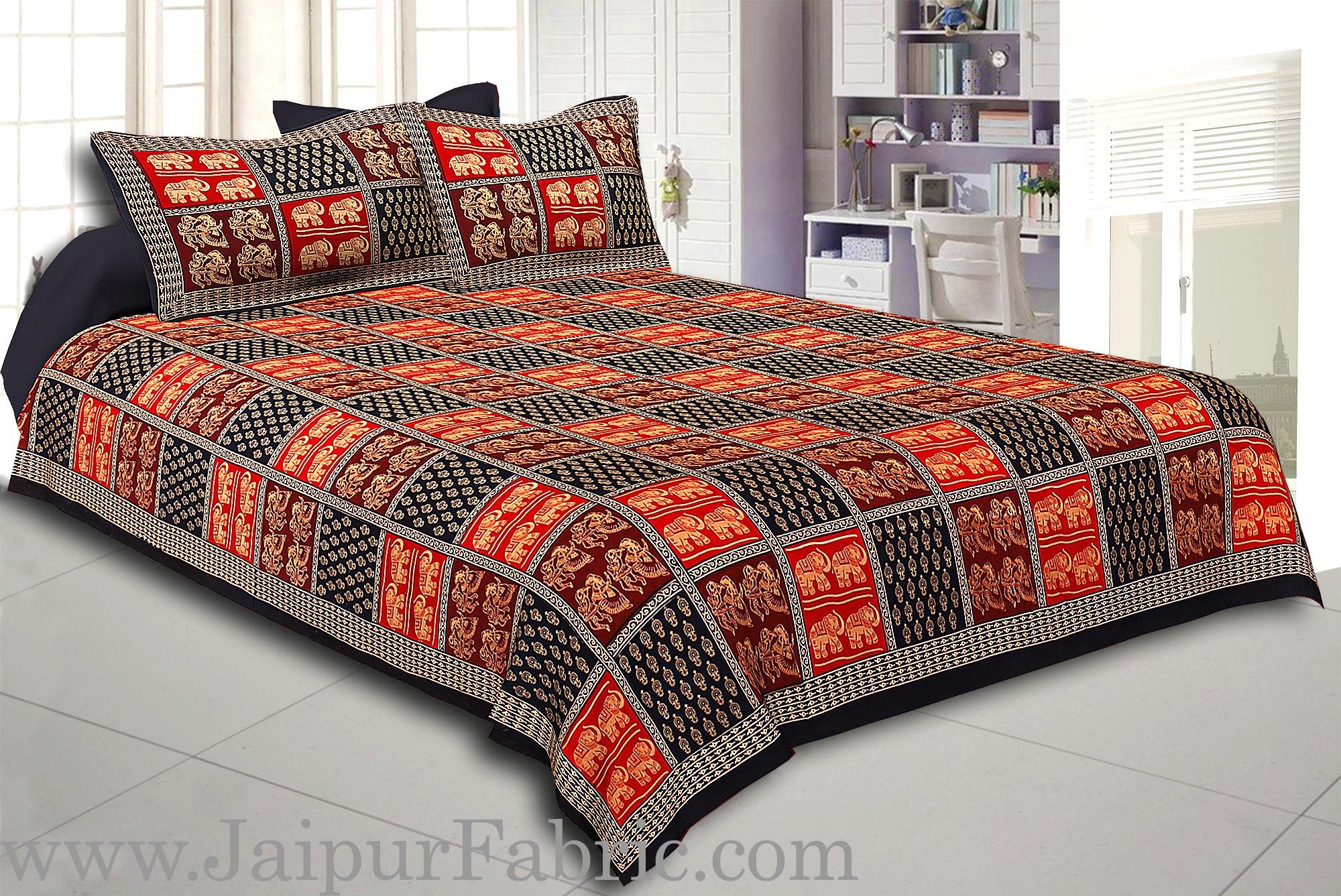 Black Border checkered  With Elephant And Dandiya  Pattern  Golden Print Super fine Cotton  Double Bed Sheet