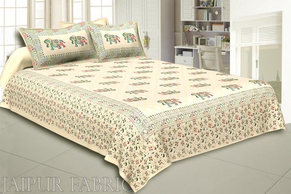 Cream Base Satrangi Gold Print With Elephant Super Fine Cotton Double Bedsheet