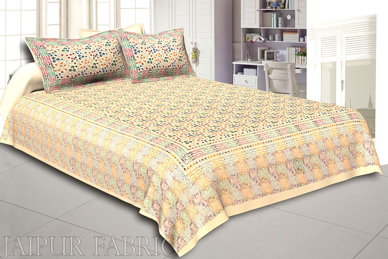 Cream Base Satrangi Gold Print With Flower And Rangoli Pattern  Super Fine Double Bedsheet