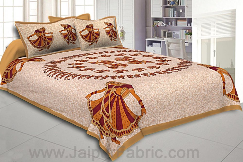 Double Bedsheet Brown Rajasthani Gujri Dance Cotton