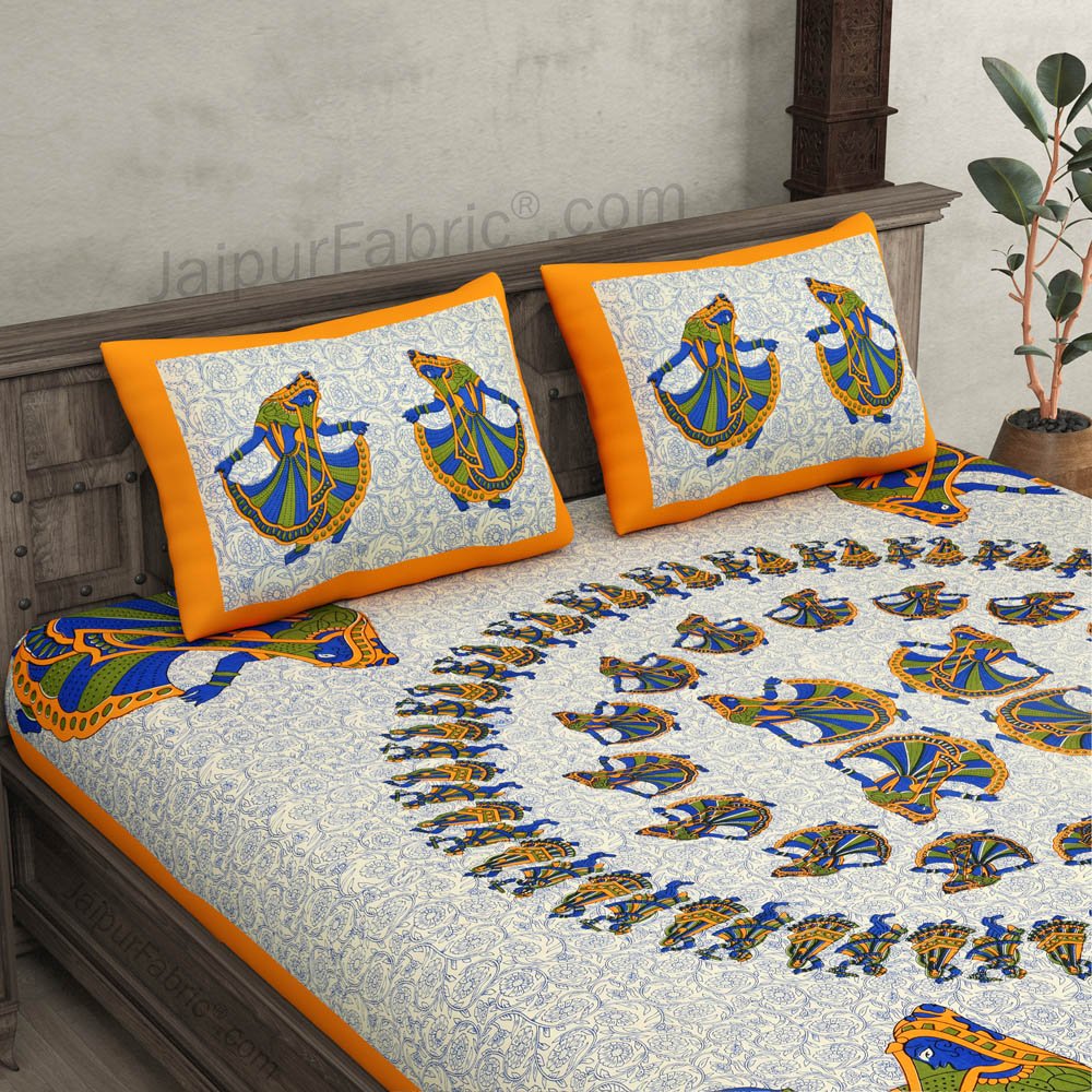 Double Bedsheet Yellow Rajasthani Gujri Dance Cotton