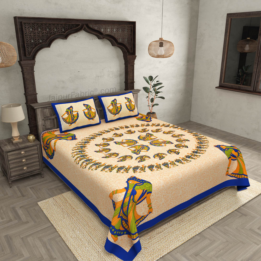 Double Bedsheet Blue Rajasthani Gujri Dance Cotton