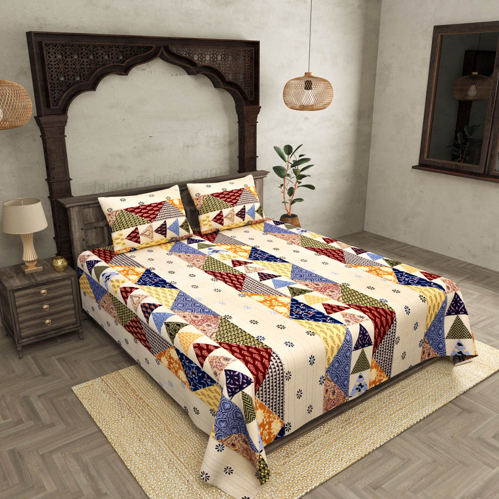 Barmeri Pastel Twill Cotton  Double Bedsheet With Colorful Patchwork Design