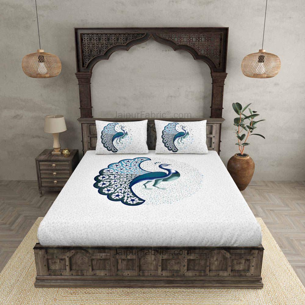 Twill Cotton Bedsheet Dancing Blue Peacock